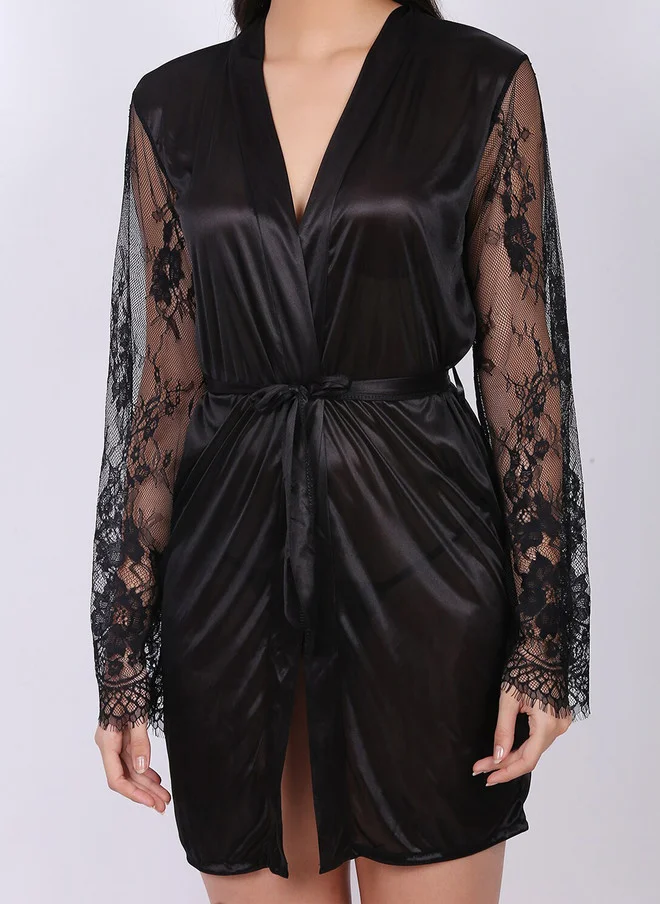 ليس اند مي  Laceandme Black Satin Baby Doll Robe